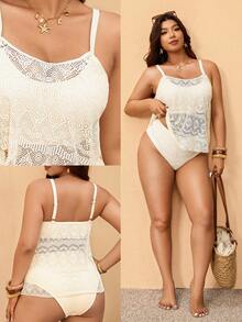 Elaquor Conjunto de tankini de traje de baño de talla grande con textura de unicolor - Albaricoque - Ver 3