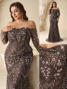 Coutiva 大码优雅秋冬亮片串珠露肩长袖两件套，搭配美人鱼裙，正式晚礼服，适合婚礼宾客、毕业典礼、生日派对、音乐节等场合，闪亮水钻，奢华钻石，耀眼魅力。 - 棕色 - 查看 1