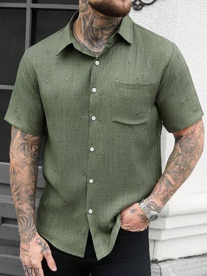Manfinity Homme Men's Casual Short Sleeve Shirt, Summer,Men Old Money,Daily Leisure, Weekend Trips, Outdoor Activities, Travel Expeditions, Relaxed Work Environments Or Semi-Formal Occasions, Boyfriend/Husband Gift, Anniversary /Birthday Gift Party Summer Vacation Holiday,Wedding,Spring To Summer,Easter,Y2k,Vintage,Mens Green Short Sleeve Button Up Shirt With Embossed Floral Pattern Casual Summer Top,Olive Green Men Shirt,Sage Green Men Shirt,Green Linen Shirt,Green Button Shirt Men,Thailand Summer Button Shirts For Men,
