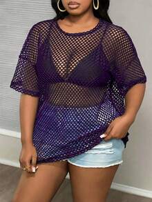 Slaydiva Kaos Ukuran Besar Gaya Jalanan Kasual Hitam Transparan Lengan Pendek Longgar Leher Bulat Panjang Reguler, Cocok untuk Musim Semi dan Gugur - Purple - View 3