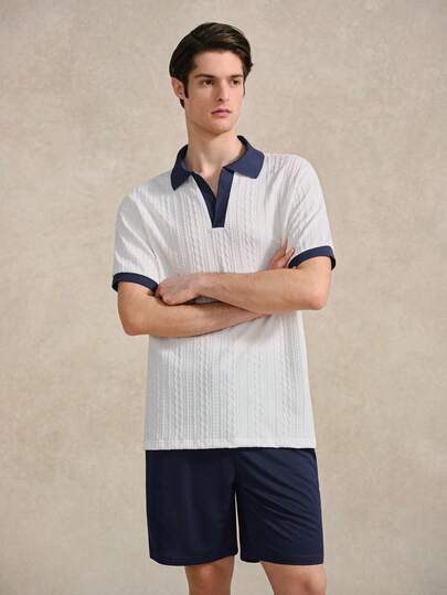 Courvante 男士撞色V领短袖T恤+抽绳松紧腰短裤 2件套 Tenniscore