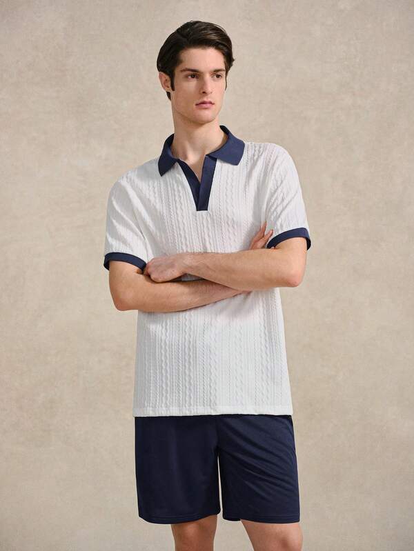 Courvante 男士撞色V领短袖T恤+抽绳松紧腰短裤 2件套 Tenniscore