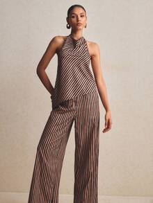 Poéselle Bộ đồ 2 món dành cho nữ: Áo hai dây vạt lệch và quần, kẻ sọc. - Cà phê nâu - Xem 3