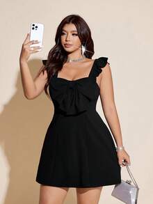 Viva Relle Plus Size Ruffle Strap Bow Tie Elegant A-Line Dress For Dates - Black - View 4