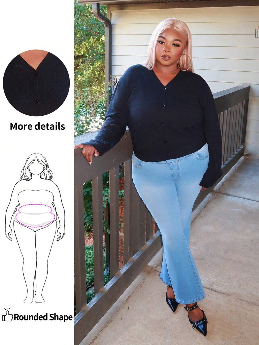 Enliva Cárdigan de talla grande de unicolor con cuello en V y manga larga, para el invierno - Negro - Ver 1