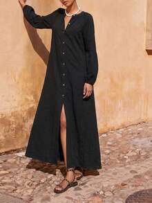SHEIN Maija Outfit Deas For Dress Women's Long Shirt Dress With Waist Belt  Spring Summer Beach Outfits Easter Dress Women Wedding Party Dress Summer Looking Younger A Strap On The Waist Modest Dress - Black - View 4