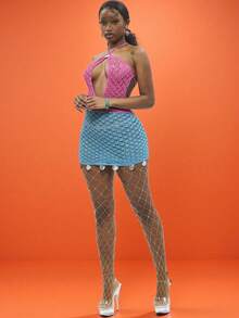 Modviera Rochie de damă multicoloră, cu design scobit, fără spate, cu noduri, tricotată cu paiete, croșetată, cu element de coajă, sexy, atrăgătoare, romantică, pentru petrecere de vacanță și întâlniri, primăvară/vară - Multicolor - Vizualizare 8