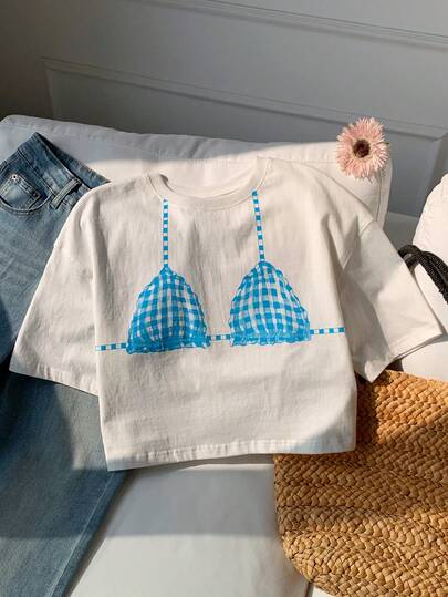 Comfortcana 女士休闲宽松比基尼印花圆领短袖T恤