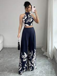 GlowEve Bộ đồ nữ thời trang Bohemian thanh lịch và sang trọng gồm áo không tay và quần ống đứng, thích hợp cho mùa hè. - Màu xanh hải quân - Xem 8