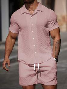 Manfinity CasualCool Men's Solid Color Casual Short Sleeve Shirt Set, Versatile For Summer - Pink - View 4