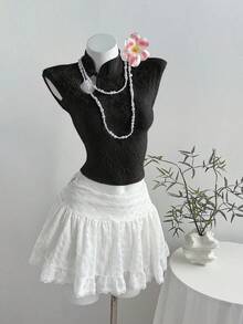 Elamini 女士粉色纹理新款中国风镂空水滴领露胸纽扣设计弹力腰修身短袖针织连衣裙T恤，适合休闲、度假、通勤等场合。 - 黑色 - 查看 6