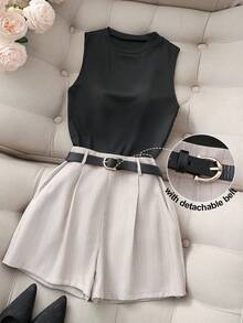Franclia Bộ đồ hai mảnh mùa hè dành cho nữ gồm áo gile dệt kim đen và quần ống rộng kẻ sọc xám nhạt | Trang phục sành điệu cho công sở, đi biển và mặc hàng ngày | Bộ đồ hai mảnh ngắn thanh lịch dành cho nữ | Trang phục sang trọng - Màu Xám nhạt - Xem 1