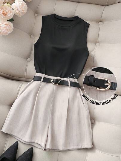 Franclia Casual Knit Vest Top Paired With Light Gray Striped Shorts/Wide Leg Pants, Women's Spring/Summer 2 Pieces Set, Versatile For Daily, Commute, Vacation