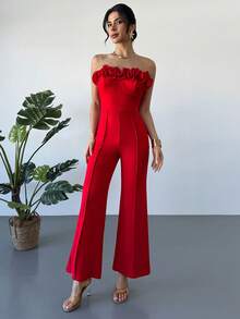 RiviMae Women's Elegant Ruffle Collar & Cuff Red Straight Leg Casual Jumpsuit - Red - View 4
