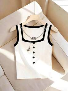 Franclia New Button-Up Slim Fit Women Tank Top, Spring/Summer - Black and White - View 1
