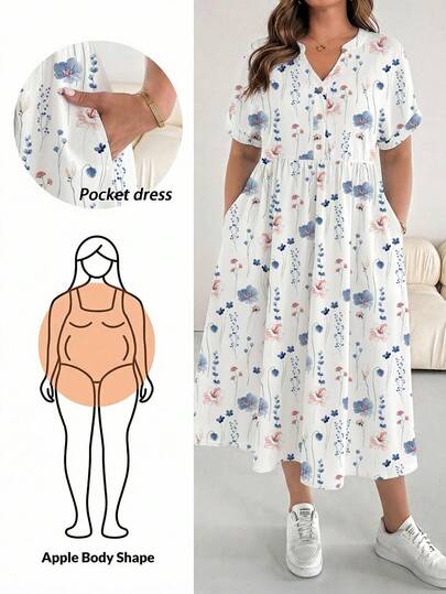 SHEIN Essnce Plus Size Women's Casual Vacation Romantic Floral Print Short Sleeve Dress, Suitable For Spring And Summer, Black Dress