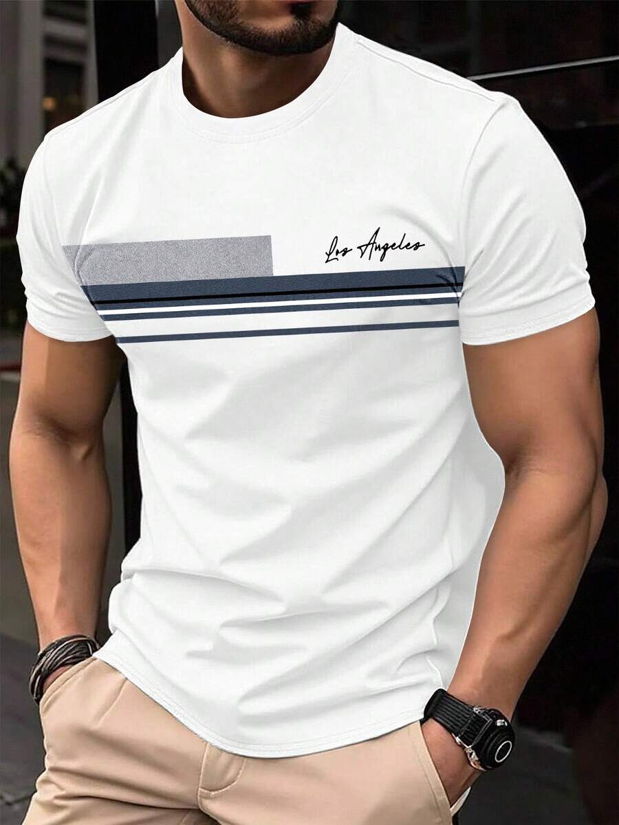 Manfinity Homme 男士洛杉矶标语图案撞色设计圆领短袖T恤，休闲户外简约T恤 - 彩色 - 查看 1