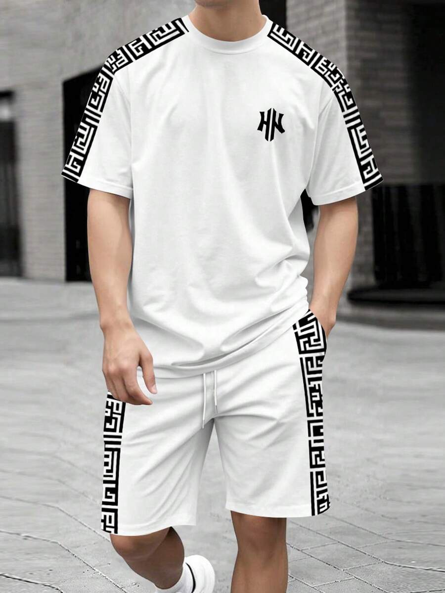 Manfinity Homme 男士修身几何印花短袖T恤和斜插口袋短裤休闲套装 - 彩色 - 查看 1