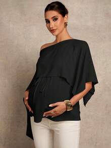 MaterniChic Maternity Asymmetric Hem Casual Solid Color Elegant Blouse For Summer - Black - View 3