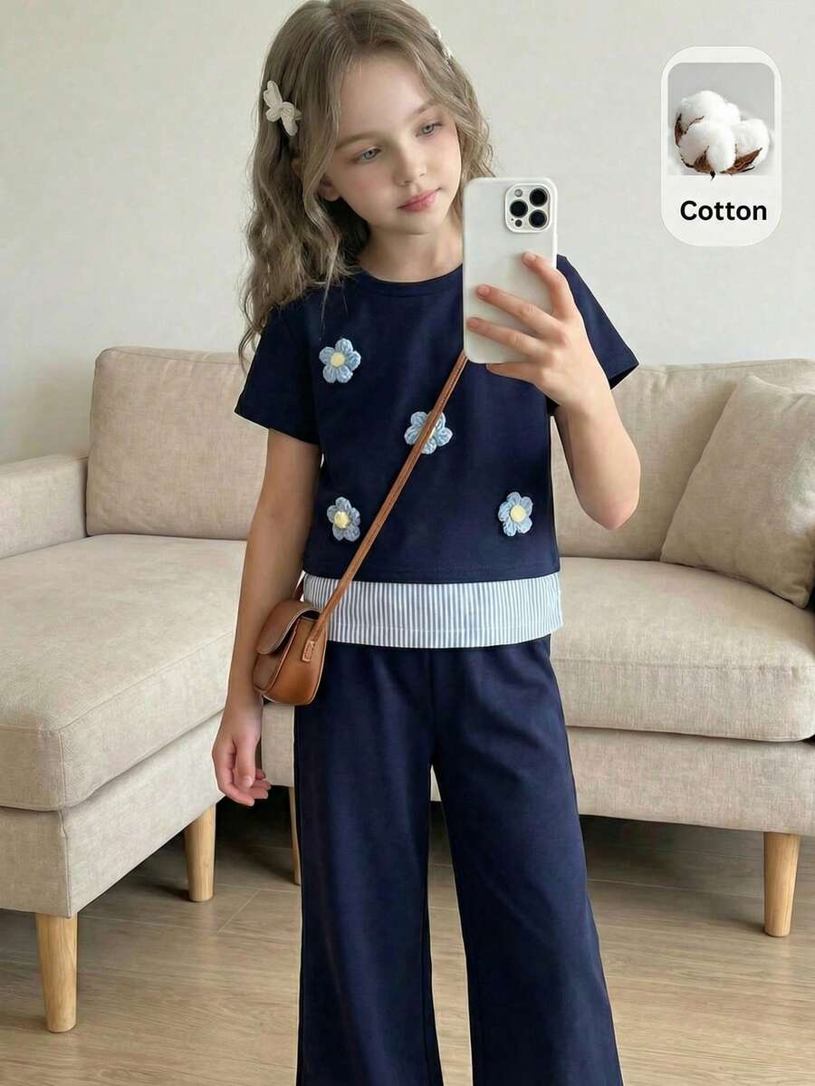 SHEIN Young Girl Floral Print Knit Soft Round Neck Short Sleeve Top And Elastic Waist Pants 2-Piece Set,Kids - Multicolor - View 1