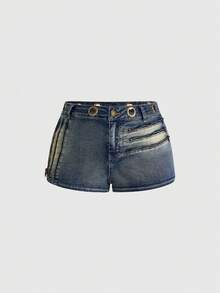 ROMWE Grunge Punk Pantalones cortos de mezclilla súper cortos con decoración de metal vintage punk para mujer de talla grande - Azul - Ver 6