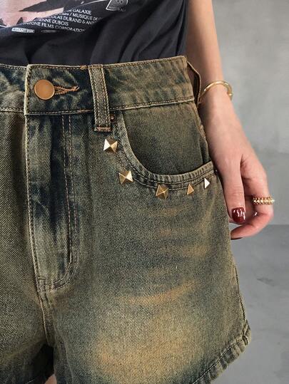 FRIFUL 女士休闲水洗牛仔短裤，铆钉装饰