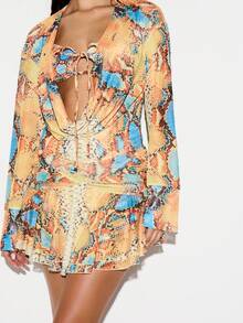 KIZN Snake Print Mesh Cut Out Long Sleeve Mini Dress With Lace Up Detail And Ruched Waist For Party Evening - Multicolor - View 1