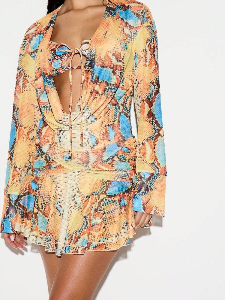 KIZN Snake Print Mesh Cut Out Long Sleeve Mini Dress With Lace Up Detail And Ruched Waist For Party Evening