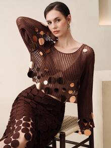 Anewsta Women's Elegant Handmade Mesh Knit Beaded Top - Coffee Brown - View 1