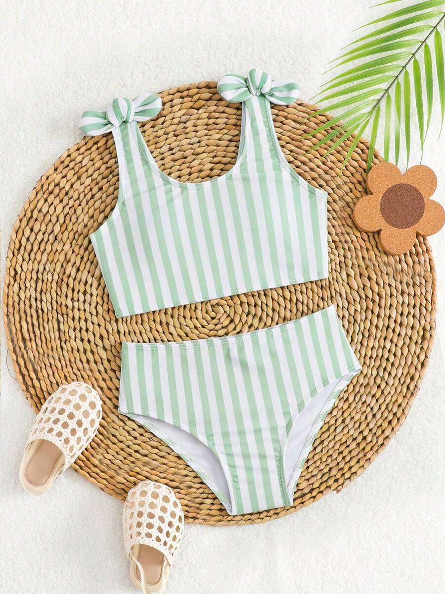女童比基尼套装泳衣分体两件式无袖三角裤款式紫色条纹印花涤纶面料可爱两件式女童泳衣，适合海边、泳池、露营 - 綠色 - 查看 1
