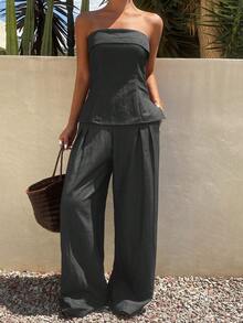 DAZY 女士纯色修身抹胸上衣和阔腿裤休闲度假夏季两件套家居服套装，女士短款套装 - 灰色 - 查看 6