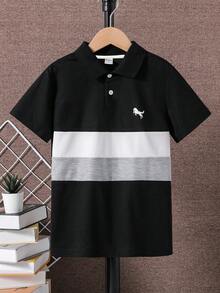 SHEIN Camisa polo casual de niño preadolescente con botones y media cartera de color contrastante - Negro - Ver 3