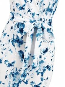 Ellevyn 蓝白碎花V领荷叶袖修身连衣裙，适合工作和约会，夏季浪漫优雅弹力针织印花修身长裙，蓝色连衣裙，婚礼礼服套装，女士蓝色连衣裙，女士碎花连衣裙，伴娘礼服，度假套装，女士夏季连衣裙，女士夏季套装，新款女士连衣裙，休闲裹身裙，婚礼宾客裹身裙，女士碎花连衣裙，荷叶袖连衣裙，蓝色碎花裹身裙 - 藍白色 - 查看 3