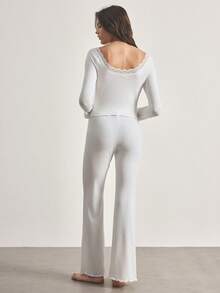 Ocili 2pcs Women Comfortable Cotton Frill Trim Long Sleeve Top And Pants Pajama Set, Sleepwear - White - View 3