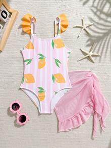 Young Girl Striped Lemon Print Flutter Sleeve One-Piece Swimsuit With Matching Skirt, Suitable For Beach Vacation, Pool Party, Beach Party - Multicolor - View 4