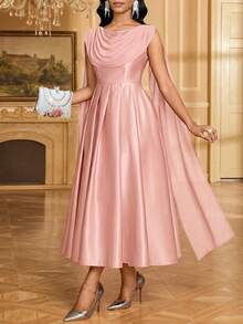 SHEIN Lady 女士纯色优雅无袖中长连衣裙 - 淺粉色 - 查看 6