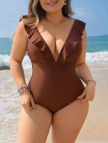 Swim Lushoire Traje de baño de una pieza para mujer talla grande 2026 de nuevo unicolor marrón, de moda, para vacaciones, uso diario y casual, con cuello alto con volantes, tirantes gruesos ajustables, escote en V profundo, espalda descubierta y cintura con lazo, que estiliza la figura - Marrón - Ver 1