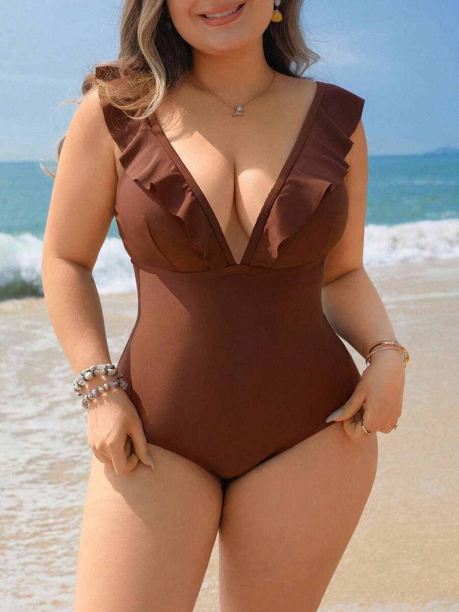 Swim Lushoire Traje de baño de una pieza para mujer talla grande 2026 de nuevo unicolor marrón, de moda, para vacaciones, uso diario y casual, con cuello alto con volantes, tirantes gruesos ajustables, escote en V profundo, espalda descubierta y cintura con lazo, que estiliza la figura - Marrón - Ver 1