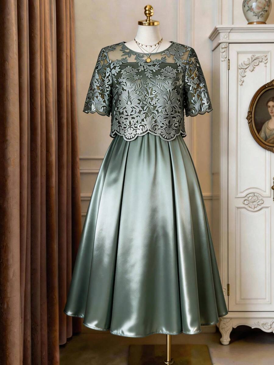 Ellevyn 蕾丝拼接亮面圆领优雅短袖奢华连衣裙 - 綠色 - 查看 1