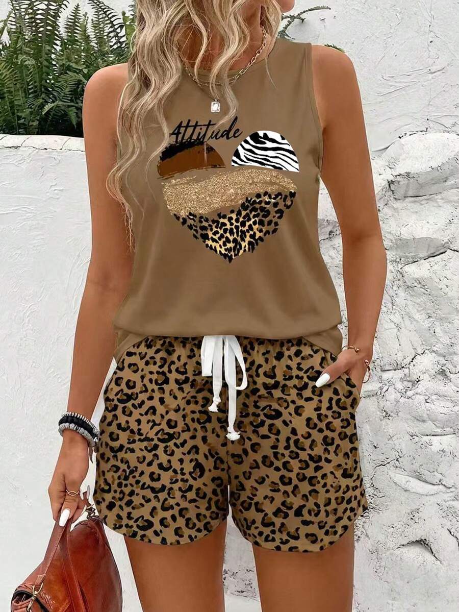 EMERY ROSE 大码女式豹纹爱心图案圆领背心和短裤休闲两件套 女式度假套装 女式两件套夏季套装 猎豹纹套装 女式短裤套装 女式夏季两件套 女式夏季套装 女装套装 女式两件套休闲套装 - 彩色 - 查看 1