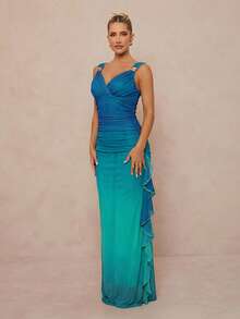 Lumalex Đầm nữ ombre cổ tim không tay dây bản rộng xếp nếp, thời trang mùa hè. - màu xanh lá - Xem 7