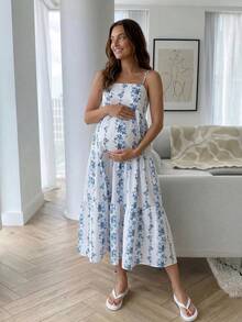 SHEIN 孕妇夏季度假碎花无袖连衣裙 - 藍白色 - 查看 4