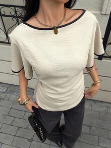 Siren Gaze 女士100%纯棉休闲撞色饰边短袖衬衫 - 简约撞色夏季上衣，适合通勤、约会、下午茶及日常穿着 - 彩色 - 查看 7