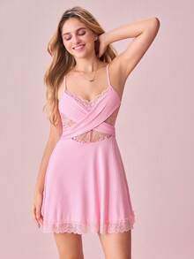 SHEIN 甜美蕾丝拼布女士睡衣，柔和色调 - 粉色 - 查看 4