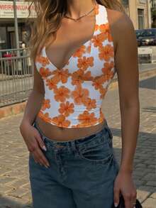 INAWLY Top de tirantes con cuello halter con estampado aleatorio, estilo vacacional para mujer - Multicolor - Ver 4