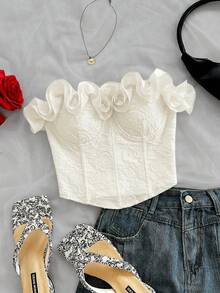 Soleia Women's Solid Color Ruffle Trim Bandeau Top White Ruffle Top White Top Cute White Top Sweetheart Neckline Tops,Summer Top - Apricot - View 6