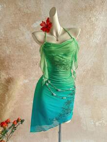 Soleia 女士日落渐变橙色水钻花卉荷叶边迷你连衣裙，适合度假、约会、下午茶、海滩、邮轮、海岛度假、城市旅行、音乐节、波西米亚风度假、派对等场合，可内穿或外穿，沙滩套装 - 彩色 - 查看 9