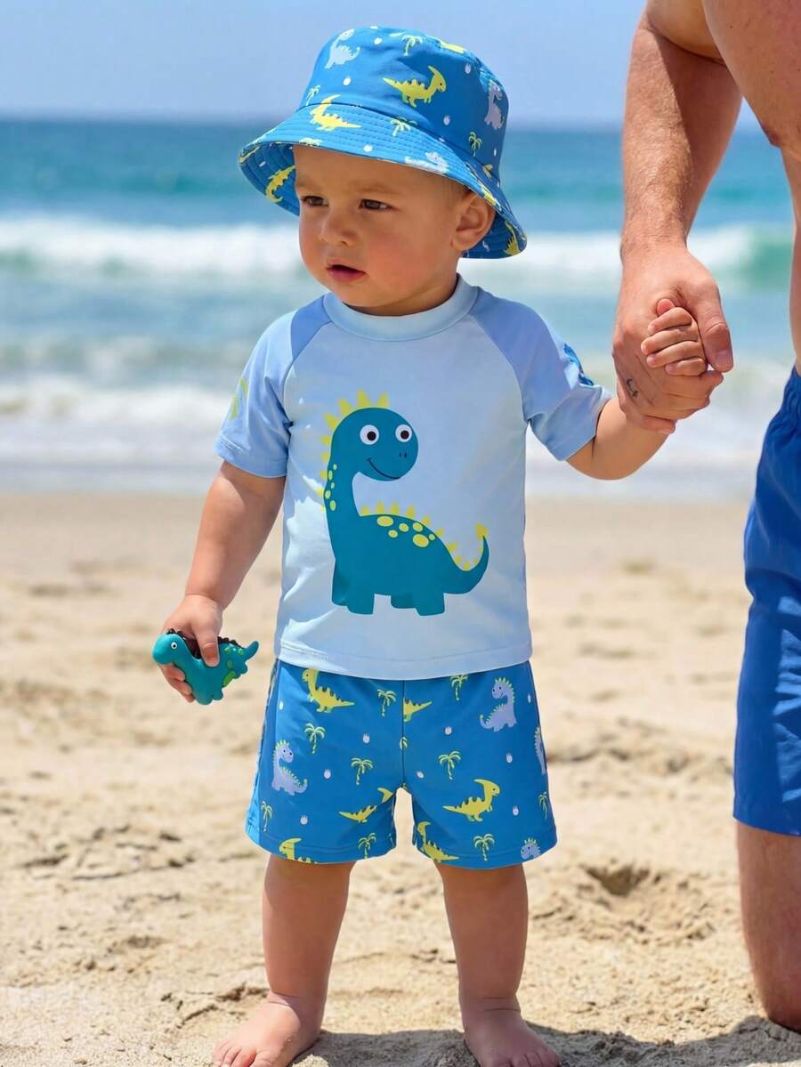 SHEIN Bubblio Bộ 2 món đồ bơi cho bé trai, áo bơi tay ngắn và quần đùi in hình khủng long màu xanh lá cây, thích hợp cho mùa hè đi biển, hồ bơi, kỳ nghỉ. - Nhiều màu - Xem 1