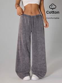 SHEIN PETITE 浅灰色女士休闲低腰直筒运动裤，适合夏季穿着，水洗雪花效果 - 淺灰色 - 查看 3