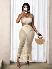 BamGleam 女士纯色镂空渔网连衣裙 - 米色 - 查看 4